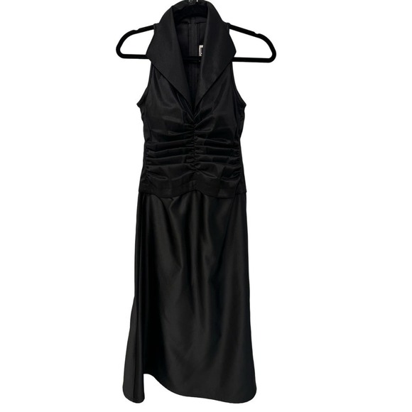Vintage Tadashi 1990s Black Satin Ruched Tuxedo Collared Style Midi Dress Size 4 - Picture 1 of 6